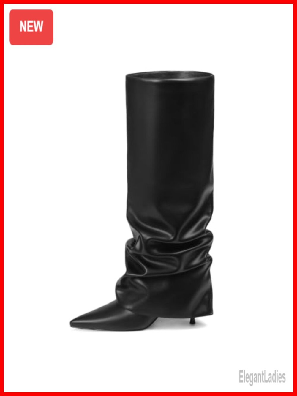 Wide Calf Knee High Boots Faux Leather Fold Over Slouchy Stiletto Heel